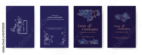 A set of wedding invitations with gold and white accents on a dark blue background. Invitation with floral decor and text frame. Modern RSVP greeting card design with natural design elements. EPS10.