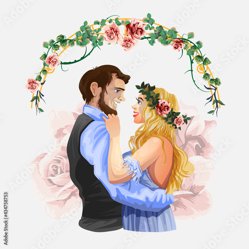 Vector cartoon illustration of Wedding. Bridal ceremony, handsome groom and pretty bride in modern style. Characters on isolated white background