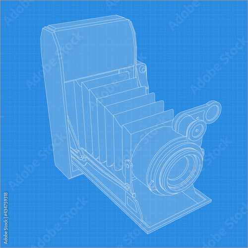 Retro camera drawing. Different angle and 3D projection of retro camera on blueprint. Vintage photocamera vector drawing