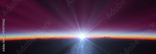 Fototapeta Naklejka Na Ścianę i Meble -  Earth sunrise from space over cloudy ocean. 3d rendering