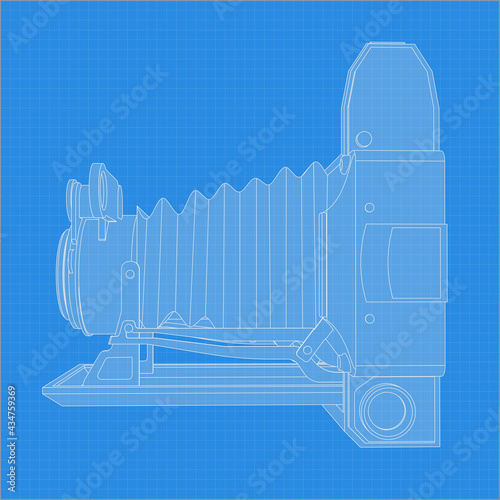 Retro camera drawing. Different angle and 3D projection of retro camera on blueprint. Vintage photocamera vector drawing