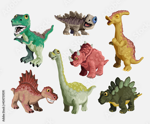 Fototapeta Naklejka Na Ścianę i Meble -  Cartoon dinosaur set. Cute dinosaurs child plastic toys collection. Colored predators and herbivores. Vector illustration isolated on white background