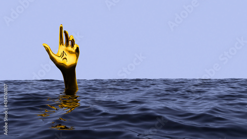 Surreal vaporwave concept with golden hand gesturing from underwater. Blue sea or ocean with touching hand. 3D illustration.