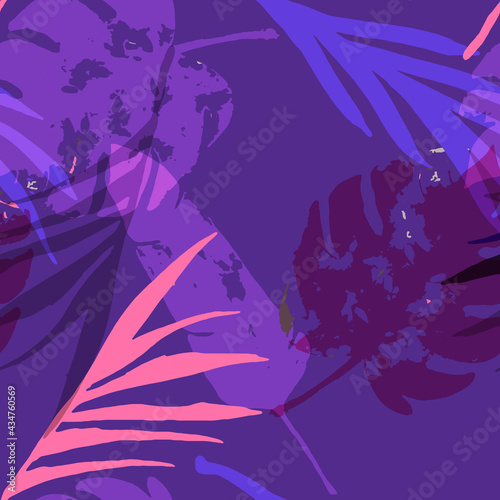 Palm, Banana Leaves Vector Seamless Pattern, Blue Pink Purple Indigo Floral Textile. Cool