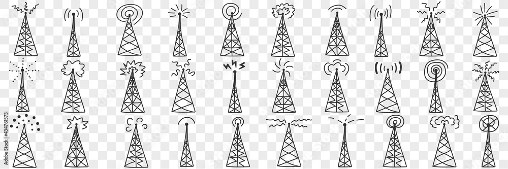 Fir tree with signals on top doodle set. Collection of hand drawn various fir trees or out power transmission different signals on tops in rows isolated on transparent background 