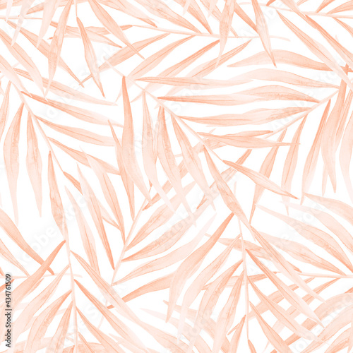Fototapeta Naklejka Na Ścianę i Meble -  Pink palm leaves tropical watercolor seamless pattern. Template for decorating designs and illustrations.