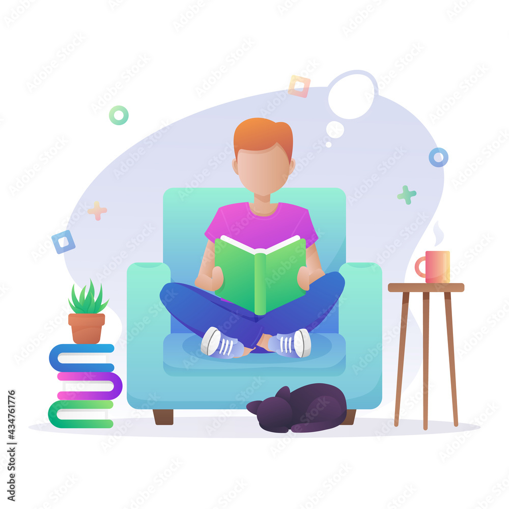Boy sitting in blue armchair, reading a book. Interior with plants in pots and cup of coffee, tea and black cat. Vector illustration isolated on white background. Boy sitting in blue armchair, reading a book. Interior with plants in pots and cup of coffee, tea and black cat. Vector illustration isolated on white background.