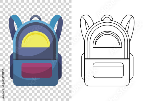 Kids school backpack. Colorful school bag. Education and study, backpack icon. Extravagant student satchel. Sketch and color style  illustration on transparent background photo