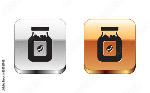Black Coffee jar bottle icon isolated on white background. Silver and gold square buttons. Vector