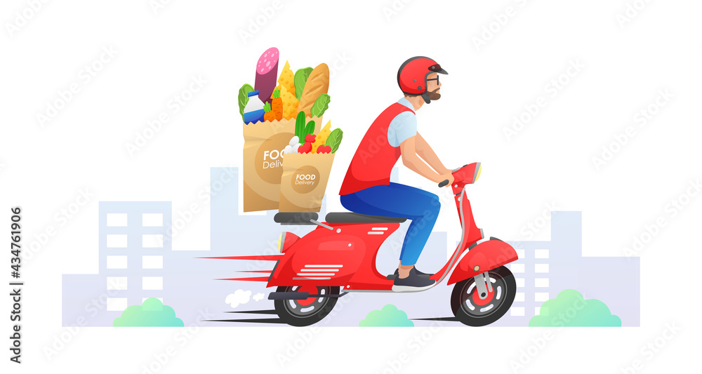 Red fast delivery retro scooter, motorbike with courier, groceries and food on the road, way through city, red pin on white. Vector illustration for flyer, poster, banner, web, advertising.