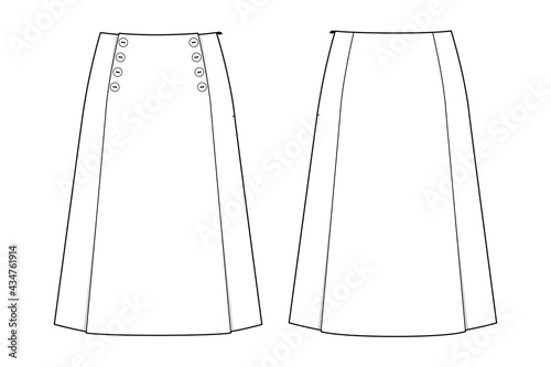 Fashion technical drawing of skirt with buttons. Fashion flat sketch of A-line skirt.