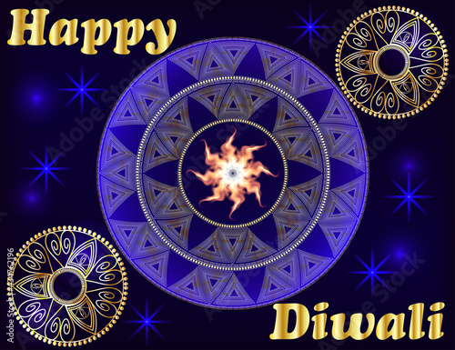 Happy Diwali. Light background. Three Lampadka, an oil lamp with a burning fire on an emerald, photo