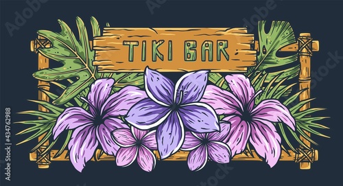Tropic hawaii exotic plant for surfing tiki bar. Palm and monstera for tropical surf summer design