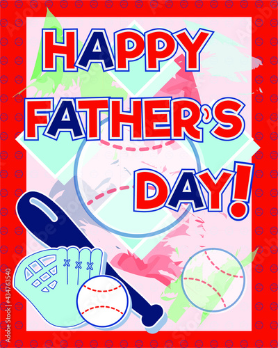 Happy Father's Day baseball theme vector illustration on a red baseball seamless pattern. Icons include baseballs, bat, baseball glove and baseball diamond.