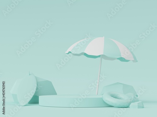 3d render of Abstract minimal display podium for showing products or cosmetic presentation with summer beach scene. Summer time.