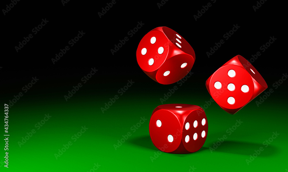 Circle shape red dice are falling on the green felt table. The concept of dice gambling in casinos. 3D Rendering Circle shape red dice are falling on the green felt table. The concept of dice gambling in casinos. 3D Rendering