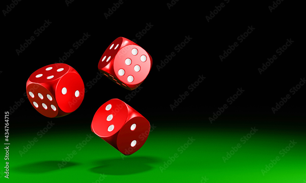 Circle shape red dice are falling on the green felt table. The concept of dice gambling in casinos. 3D Rendering Circle shape red dice are falling on the green felt table. The concept of dice gambling in casinos. 3D Rendering