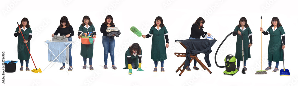 Fototapeta premium woman doing different cleaning tasks on white background