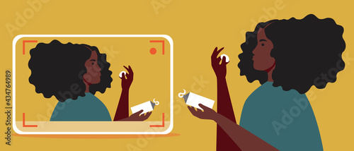 African woman video blogger, beauty video, flat vector stock illustration with video tutorial or tutorial in the blog about cosmetics and black skin care