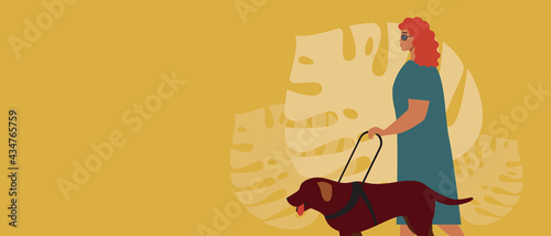 Blind woman with guide dog, copy space backdrop, Flat vector stock illustration or template with Ladrador as a guide for a disabled person