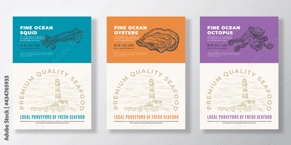 Seafood Vector Packaging Design or Label Templates Set. Ocean and Sea Products Banners. Modern Typography and Hand Drawn Squid, Octopus and Oyster Shell Silhouettes Backgrounds Layout Collection