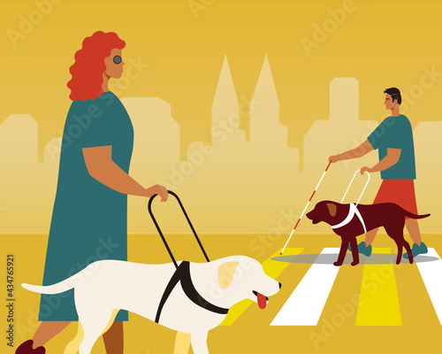 Guide dog, blind people, Flat vector stock illustration as a Template with copy space with Inclusive people and Lobrador as a guide