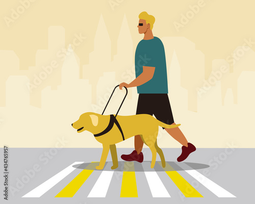 Young blind man with guide dog, flat vector stock illustration with guide dog day and visually impaired