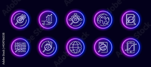 10 in 1 vector icons set related to data analysis theme. Lineart vector icons in neon glow style