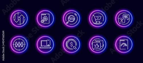 10 in 1 vector icons set related to seo link optimization theme. Lineart vector icons in neon glow style