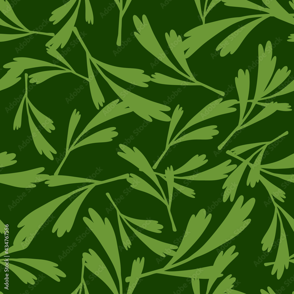 Random herbal seamless pattern with doodle leaves ornament. Green and olive colored floral artwork.