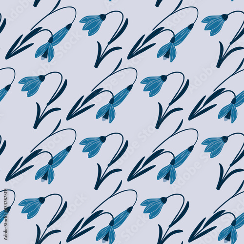 Floral creative seamless pattern with wild campanula flowers elements. Grey background. Nature print.