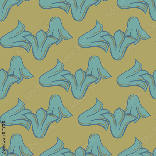 Seasonal spring seamless pattern with blue campanula wildflowers ornament. Beige pale background.