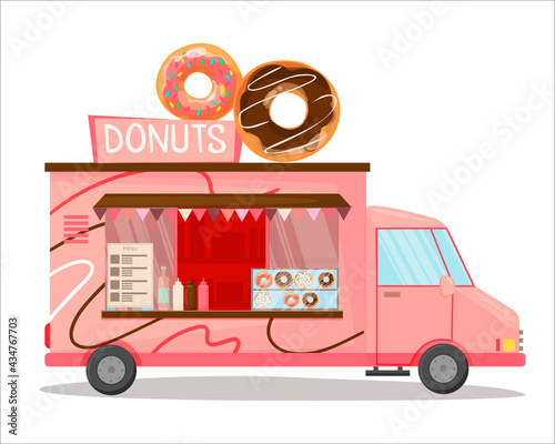 Fast food street hot donuts.  Fast food business seller kiosk. donut fast food shop street van city . For design, web, graphics and advertising. Vector illustration isolated on white background