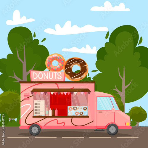Fast food street donuts bus. Food in the park in nature. Fast food business seller kiosk. donut fast food shop street van city . For design, web, graphics and advertising. Vector illustration