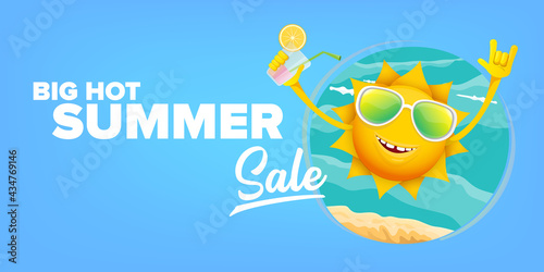 summer sale cartoon horizontal web banner or vector label with happy sun character wearing sunglasses and holding cocktail isolated on blue sky horizontal background