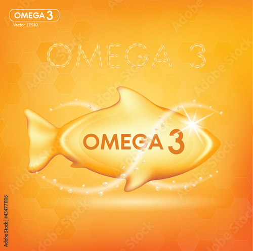 Fish oil drop gold, vitamin D and omega 3 in Fish shape supplemental, benefits of pills improving mental, heart, eyes, bones health, lower cholesterol level. 3d vector