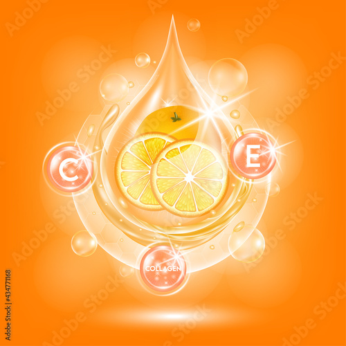 Orange oil, Drop Vitamin С, E and Collagen organic anti aging serum, fruit acid product. Natural eco skin care cosmetic. Realistic 3d vector EPS10 illustration.