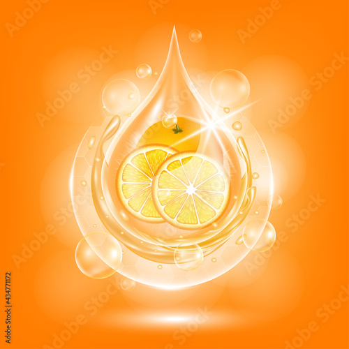 Orange oil, Drop Vitamin С, E and Collagen organic anti aging serum, fruit acid product. Natural eco skin care cosmetic. Realistic 3d vector EPS10 illustration.