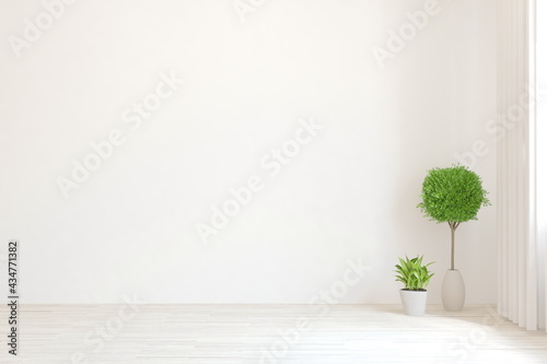 Fototapeta Naklejka Na Ścianę i Meble -  Empty wall mockup with green home plants. Scandinavian interior design. 3D illustration