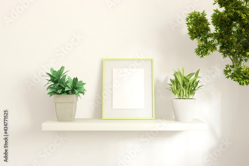 Poster with green plants on a shelf. Wall mockup. Scandinavian interior design. 3D illustration
