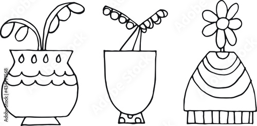 Flores, plantas e vasos. Composição trio. Desenho vectorial.