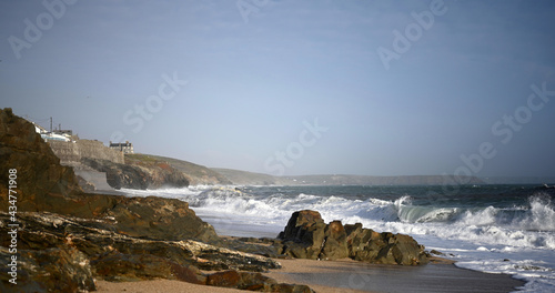 Fototapeta Naklejka Na Ścianę i Meble -  beautiful coastline, rocky, surf, surfing, breaking waves, beauty, rough sea, Cornwall, iconic, beautiful beach, worlds best beaches, wild