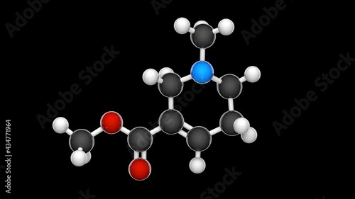 Arecoline (C8H13NO2) is a nicotinic acid-based mild stimulant alkaloid found in the areca nut. Chemical structure model: Ball and Stick. 3D render. Seamless loop. RGB + Alpha (Transparent) channel photo