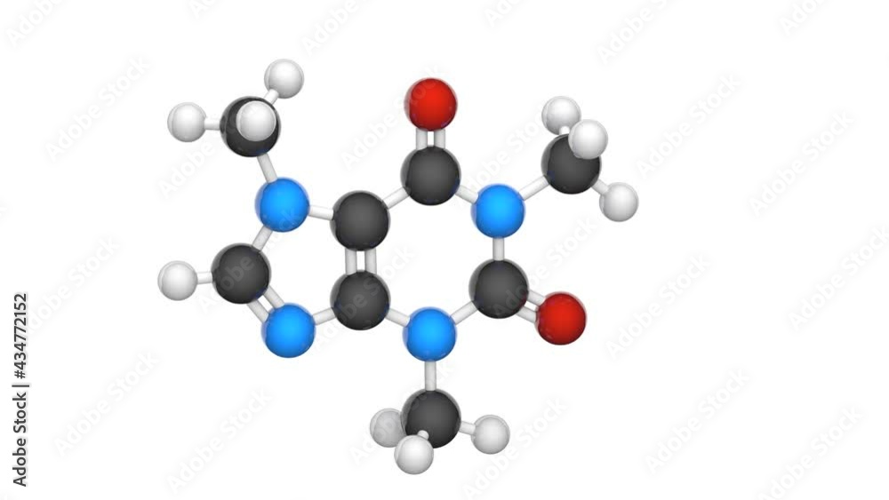 Molecular structure of Caffeine, stimulant present in coffee. C8H10N4O2. Chemical structure model: Ball and Stick. 3D render. Seamless loop. White background Molecular structure of Caffeine, stimulant present in coffee. C8H10N4O2. Chemical structure model: Ball and Stick. 3D render. Seamless loop. White background