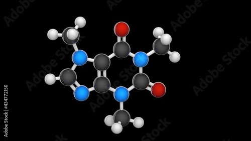 Molecular structure of Caffeine, stimulant present in coffee. C8H10N4O2. Chemical structure model: Ball and Stick. 3D render. Seamless loop. RGB + Alpha (Transparent) channel