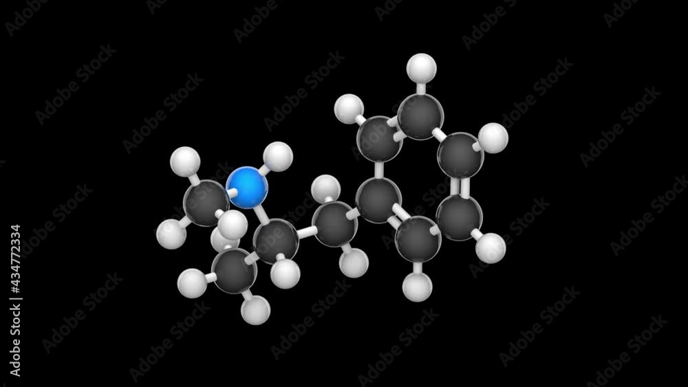 Methamphetamine (N-methylamphetamine, C10H15N) is a potent central nervous system stimulant. Chemical structure model: Ball and Stick. 3D render. Seamless loop. Black background Methamphetamine (N-methylamphetamine, C10H15N) is a potent central nervous system stimulant. Chemical structure model: Ball and Stick. 3D render. Seamless loop. Black background
