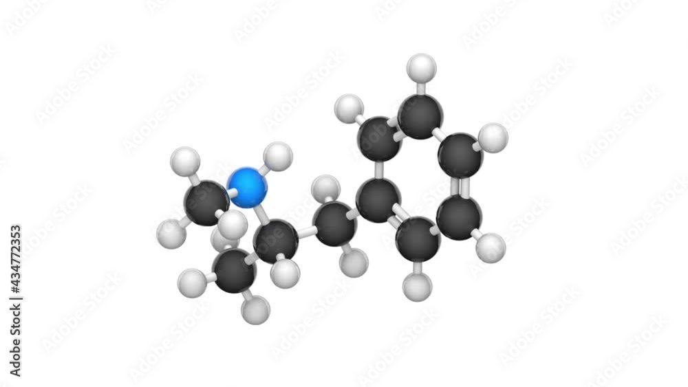 Methamphetamine (N-methylamphetamine, C10H15N) is a potent central nervous system stimulant. Chemical structure model: Ball and Stick. 3D render. Seamless loop. White background Methamphetamine (N-methylamphetamine, C10H15N) is a potent central nervous system stimulant. Chemical structure model: Ball and Stick. 3D render. Seamless loop. White background