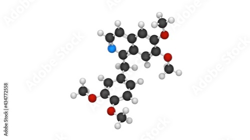Papaverine (Papaverin) is an opium alkaloid antispasmodic drug. Formula: C20H21NO4. Chemical structure model: Ball and Stick. 3D render. Seamless loop. White background photo