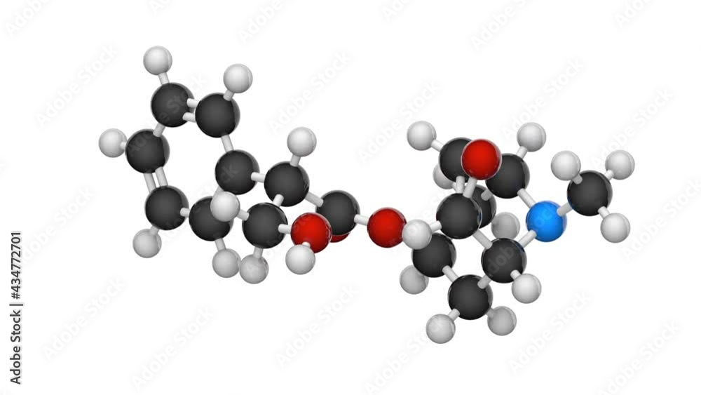 Scopolamine, also known as Hyoscine, is a medication used to treat motion sickness. Formula: C17H21NO4. Chemical structure model: Ball and Stick. 3D render. Seamless loop. White background Scopolamine, also known as Hyoscine, is a medication used to treat motion sickness. Formula: C17H21NO4. Chemical structure model: Ball and Stick. 3D render. Seamless loop. White background