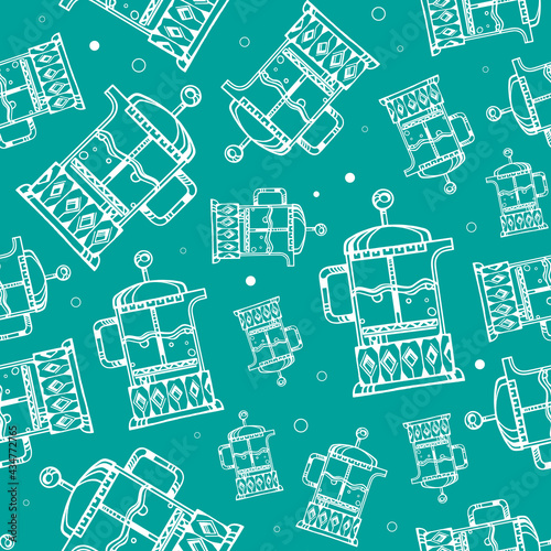 Vector seamless pattern of french press with green tea. On the theme of a tea and coffee shop. Hand-drawn vector illustration of a white french press teapot on a light green background. For printing. 